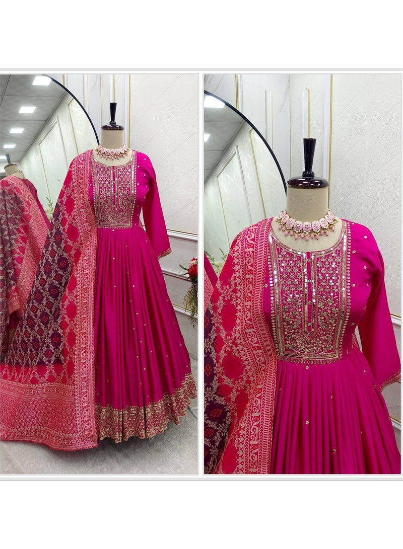 Presenting a new Traditional Pink Gown-Pant Dupatta Set Fully Stitched ready to wear  - Image 1