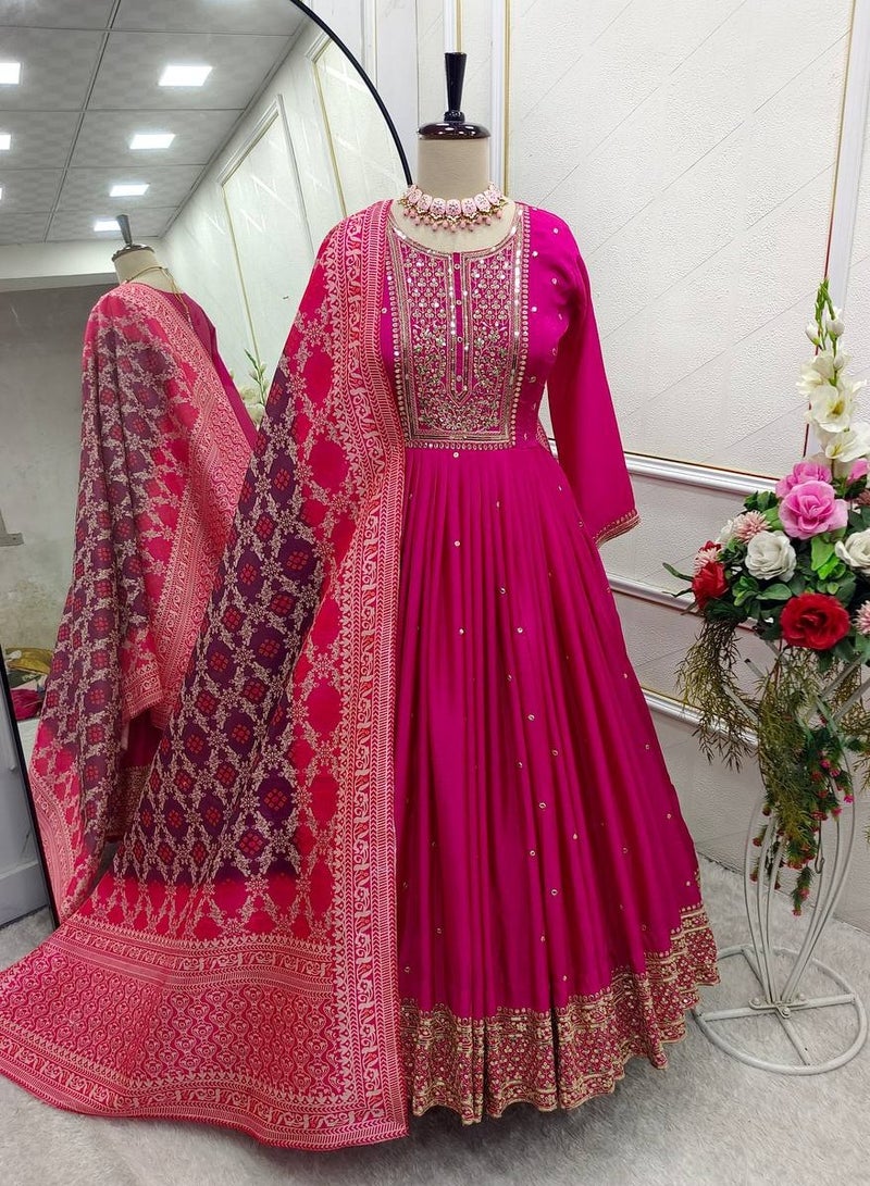 Presenting a new Traditional Pink Gown-Pant Dupatta Set Fully Stitched ready to wear  - Image 2
