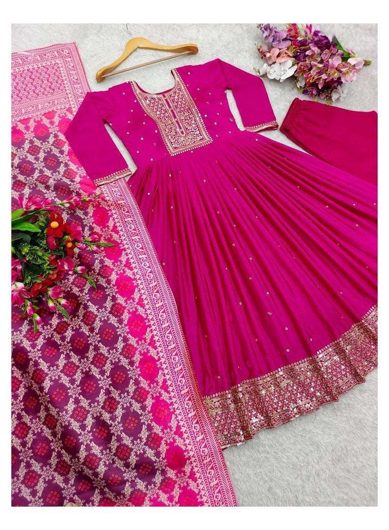 Presenting a new Traditional Pink Gown-Pant Dupatta Set Fully Stitched ready to wear  - Image 4