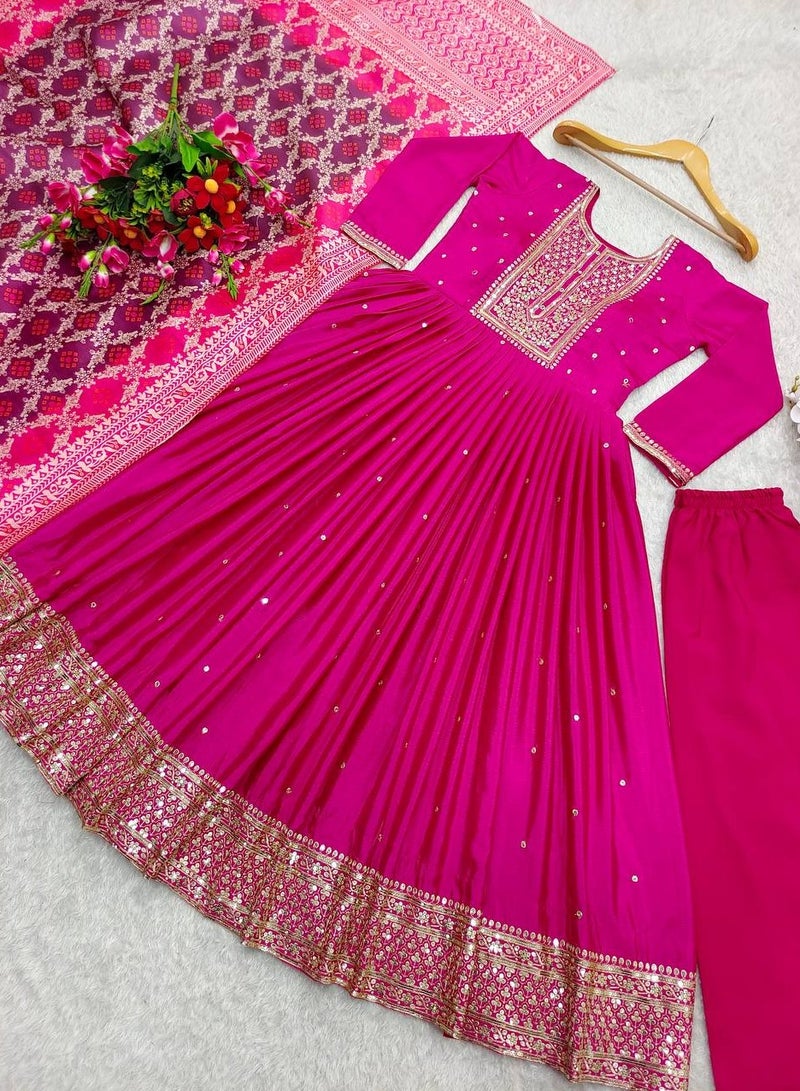 Presenting a new Traditional Pink Gown-Pant Dupatta Set Fully Stitched ready to wear  - Image 3