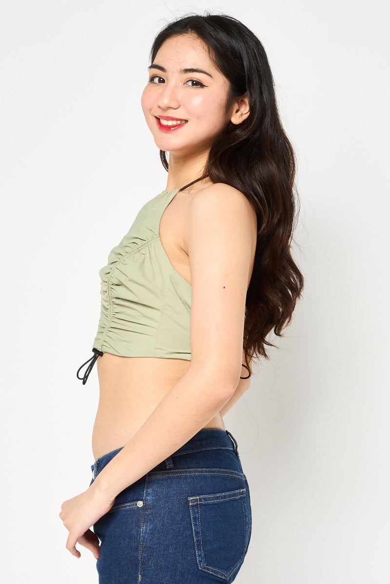 Bershka Women Crew Neck Sleeveless Ruched Top, Olive - Image 3