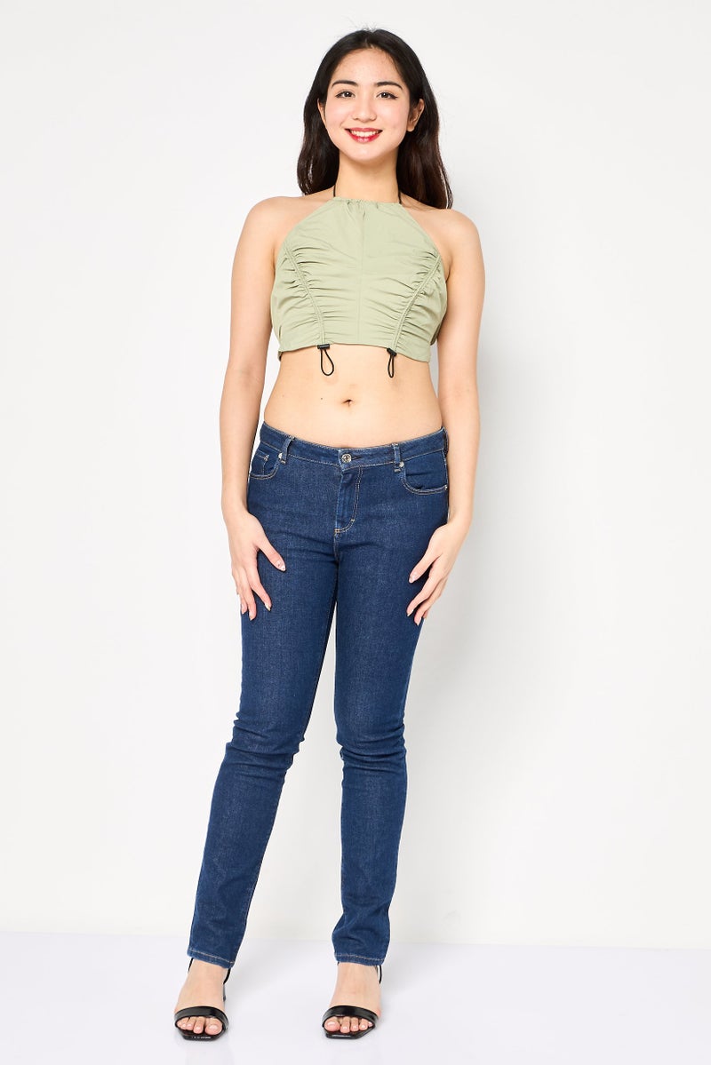 Bershka Women Crew Neck Sleeveless Ruched Top, Olive - Image 4