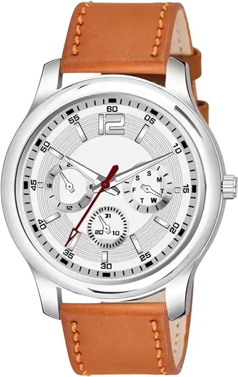 Acnos® Analogue Watch Leather Strap White Dial Brown Belt Analog Wrist Watch for Men Boy Pack of 1 - Image 2