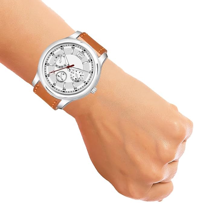 Acnos® Analogue Watch Leather Strap White Dial Brown Belt Analog Wrist Watch for Men Boy Pack of 1 - Image 5
