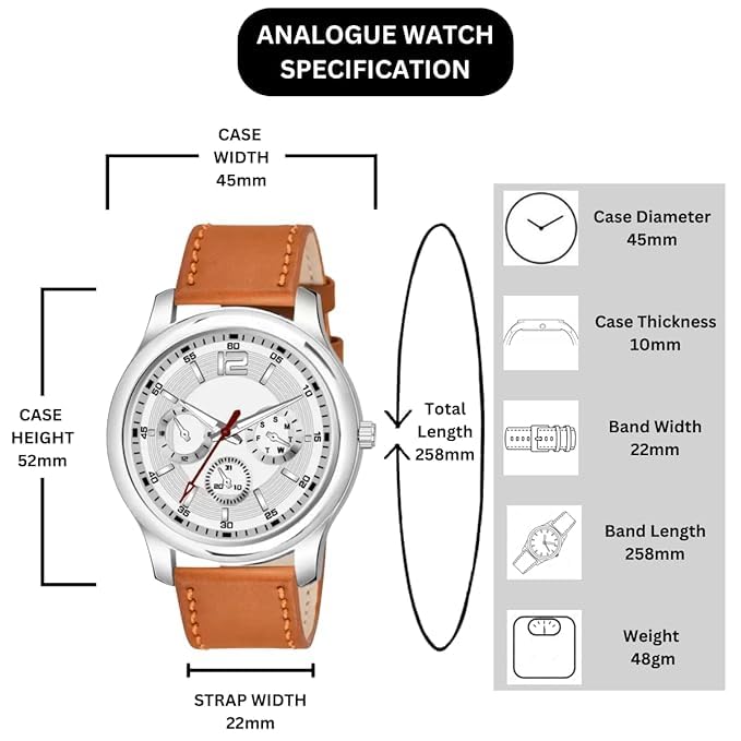 Acnos® Analogue Watch Leather Strap White Dial Brown Belt Analog Wrist Watch for Men Boy Pack of 1 - Image 4