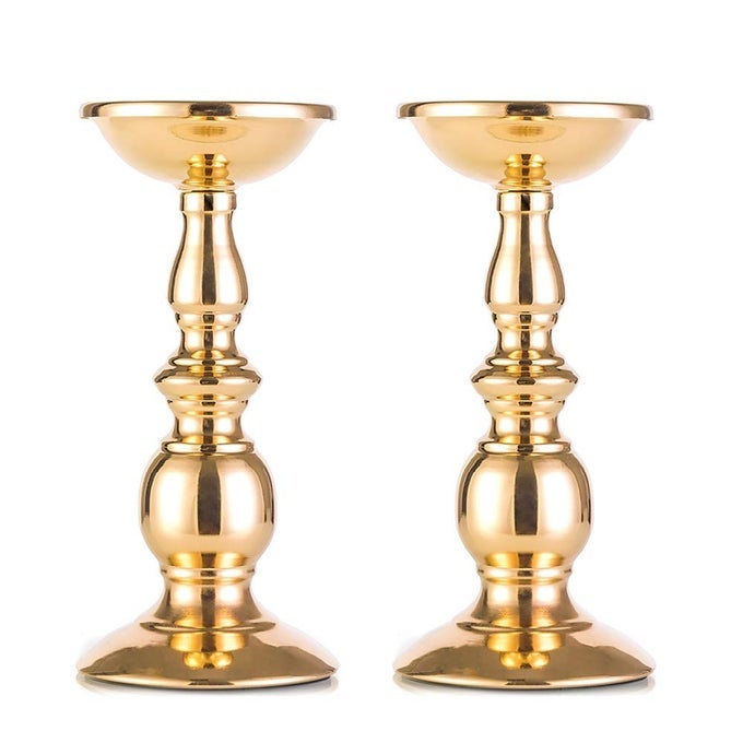 SET OF 2 GOLD CANDLESTICK METAL PILLAR CANDLE HOLDERS FLAMELESS CANDLESTICK HOLDERS STAND CENTERPIECES DECORATION IDEAL FOR WEDDINGS SPECIAL EVENTS PARTIES