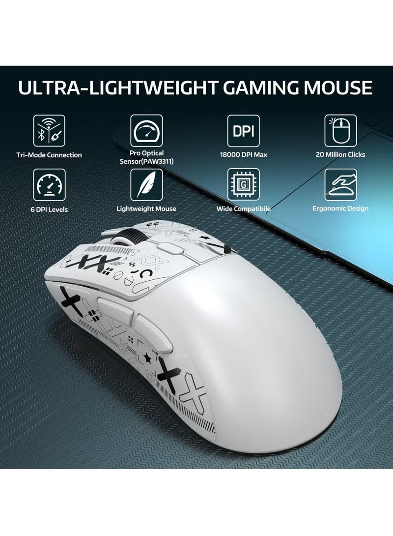Attack Shark R1 59g Superlight Mouse with Ribbon, Wireless/Wired BT/2.4G Gaming Mouse, 6 DPI Adjustable up to 18000, 65 Hour Battery - White - Image 2