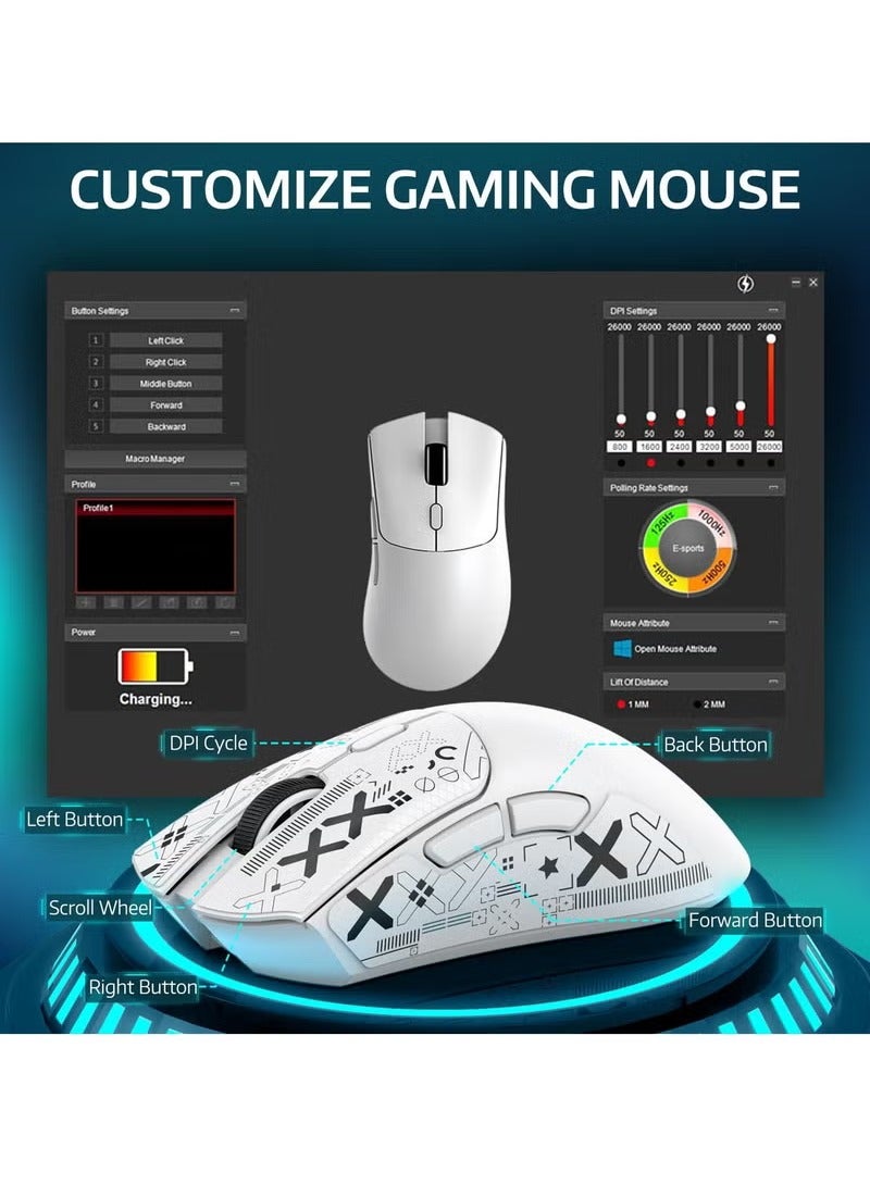 Attack Shark R1 59g Superlight Mouse with Ribbon, Wireless/Wired BT/2.4G Gaming Mouse, 6 DPI Adjustable up to 18000, 65 Hour Battery - White - Image 5