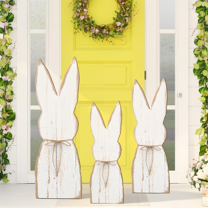 GlikCeil 3 Pcs 17.3 20.1 23.6inch Easter Bunny Decor for Yard Easter Wooden Yard Sign with Bow Base Bunny Freestanding Porch Centerpiece Rabbit for Front Door Outdoor Party Gift - Image 1