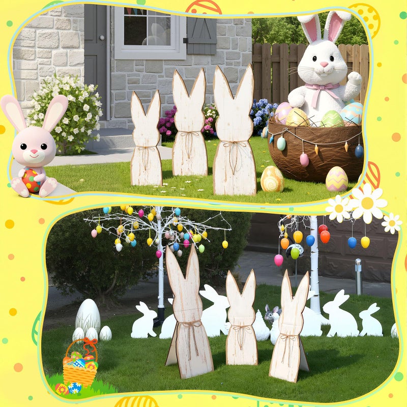 GlikCeil 3 Pcs 17.3 20.1 23.6inch Easter Bunny Decor for Yard Easter Wooden Yard Sign with Bow Base Bunny Freestanding Porch Centerpiece Rabbit for Front Door Outdoor Party Gift - Image 5
