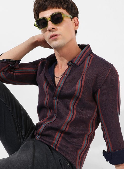 Men's Maroon Striped Regular Fit Casual Shirt