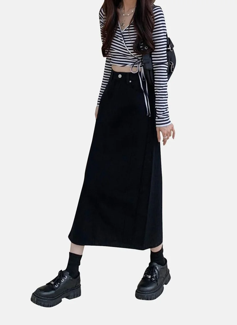 YUNIQEE Black Solid Denim Midi Skirt