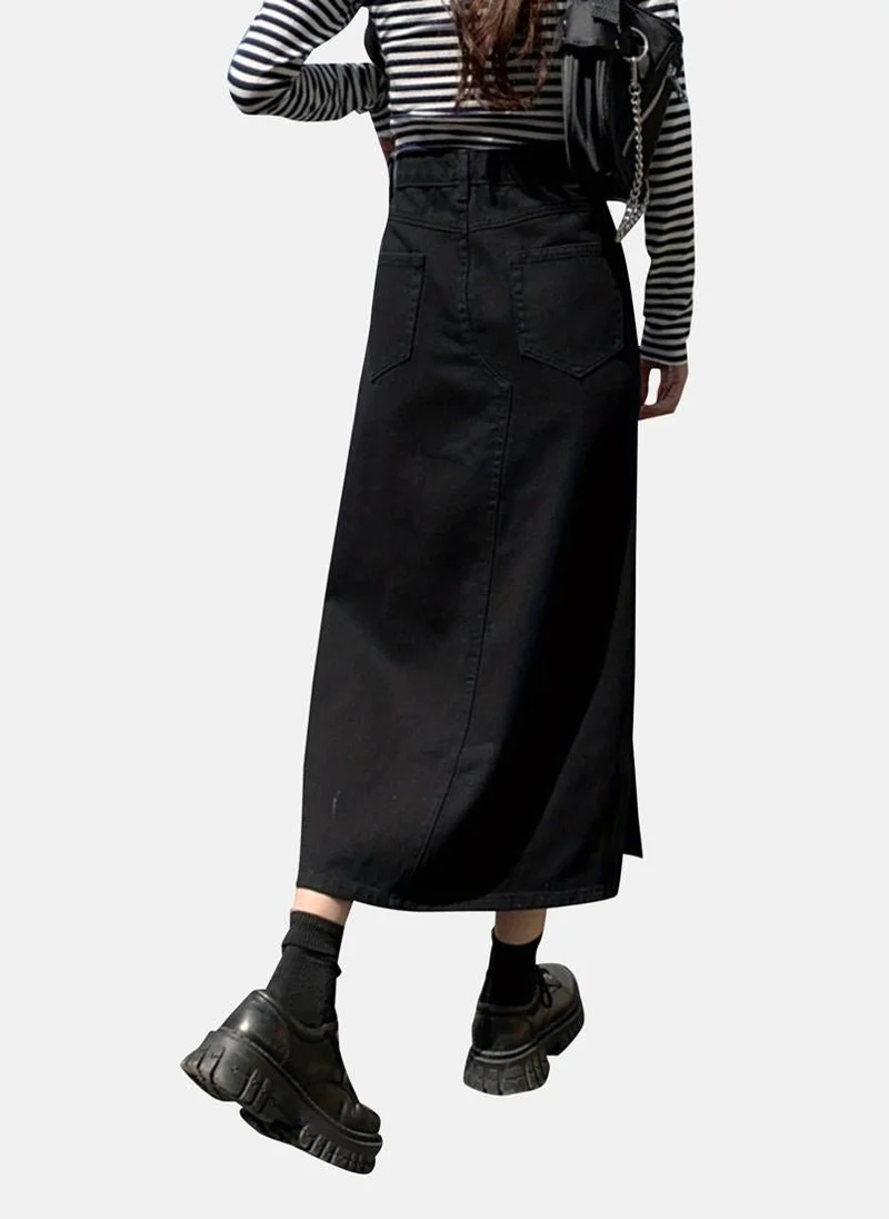 YUNIQEE Black Solid Denim Midi Skirt