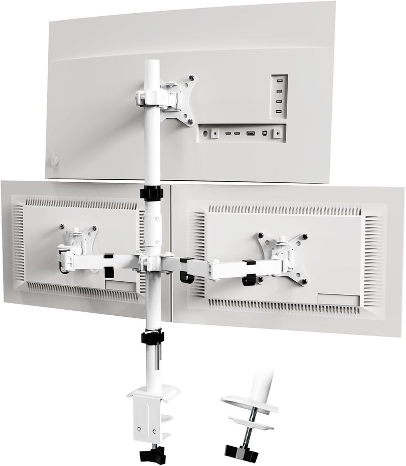 PUTORSEN Triple Monitor Arm, 30.5 inch Tall pole Triple Monitor Stand for Max 3 x 32" Screens, Support Max 9 KG Per Screen, Clamp/Grommet, VESA 75x75/100x100, White - Image 1