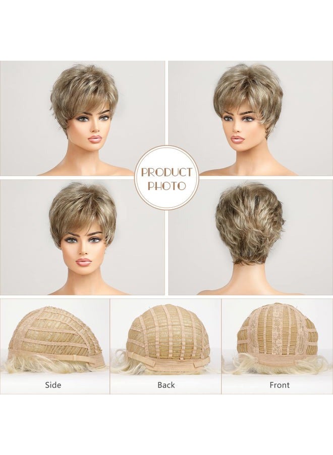 EMMOR Short Mixed Blonde Wigs for Women Memory Fiber Simulated Human Hair Pixie Curly Wig With Bang,Natural Daily Use Hair(Color 18/22#) - Image 3