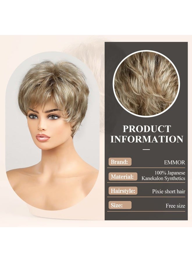 EMMOR Short Mixed Blonde Wigs for Women Memory Fiber Simulated Human Hair Pixie Curly Wig With Bang,Natural Daily Use Hair(Color 18/22#) - Image 2