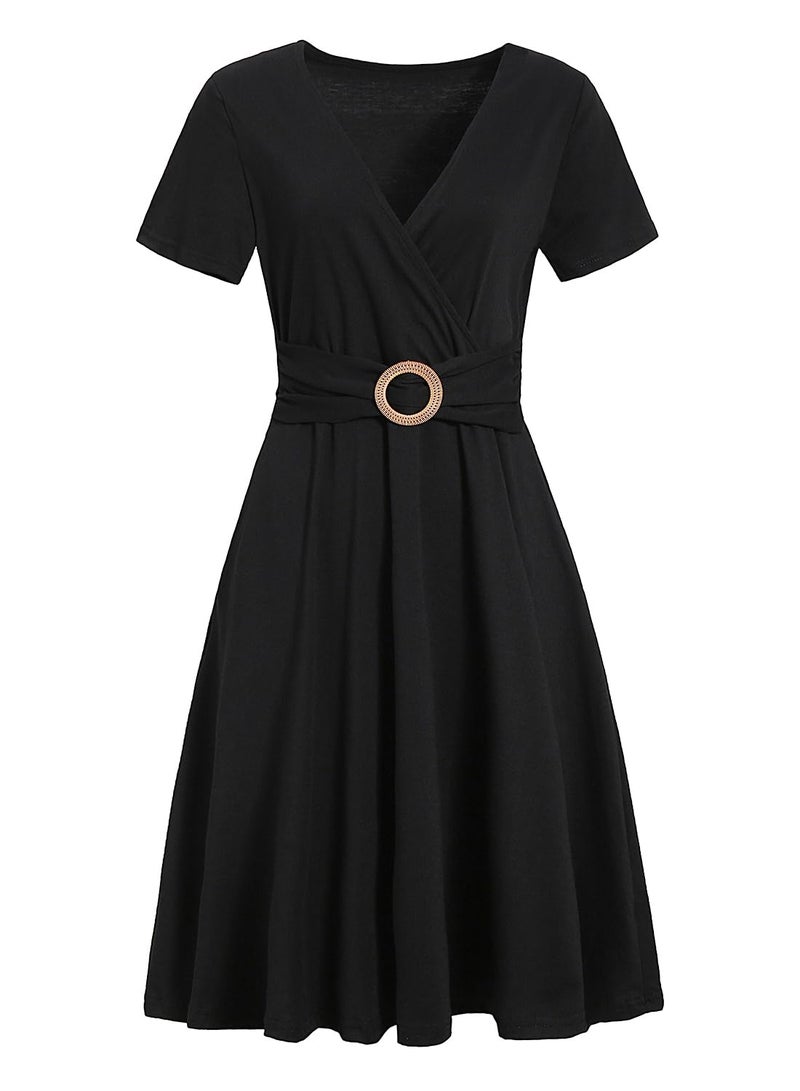HELYO Faux Wrap Dress for Women Criss-Cross Vintage Short Sleeve V-Neck Solid Work Casual Tea Party Fit and Flare Dress with Pockets 980 (Black, L) - Image 3