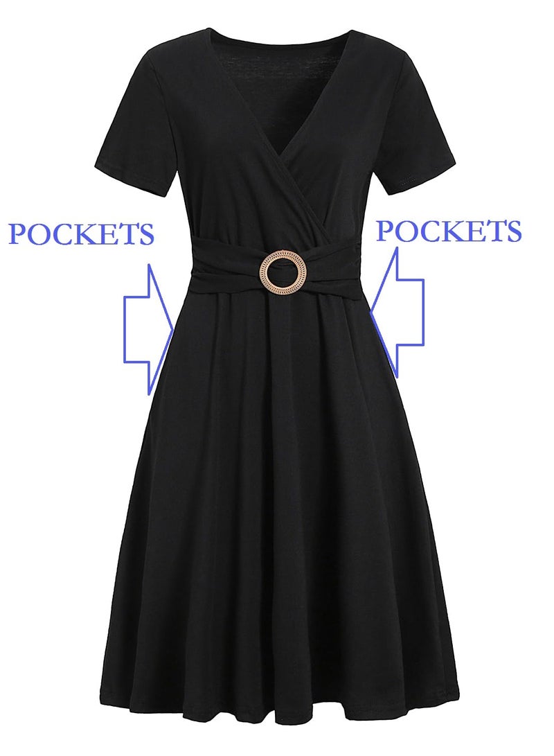 HELYO Faux Wrap Dress for Women Criss-Cross Vintage Short Sleeve V-Neck Solid Work Casual Tea Party Fit and Flare Dress with Pockets 980 (Black, L) - Image 5