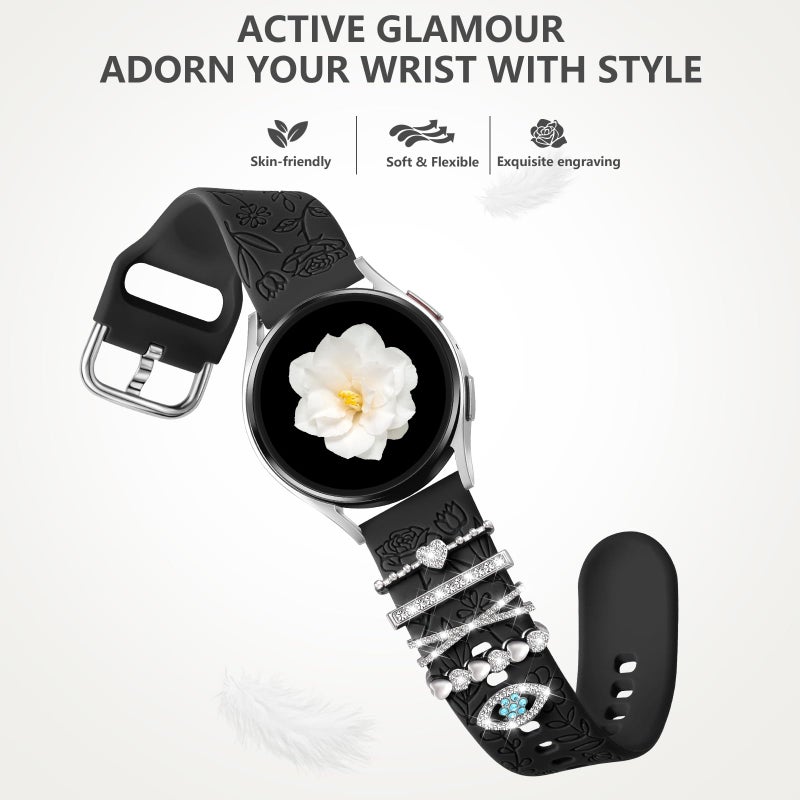 DaQin Flower Engraved Band Compatible with Samsung Galaxy Watch 7 Band/FE 6 5 4 40mm 44mm,Galaxy Active 2, 20mm Watch Band Soft Silicone Replacement Strap with Decorative Charms Accessories Women - Image 4