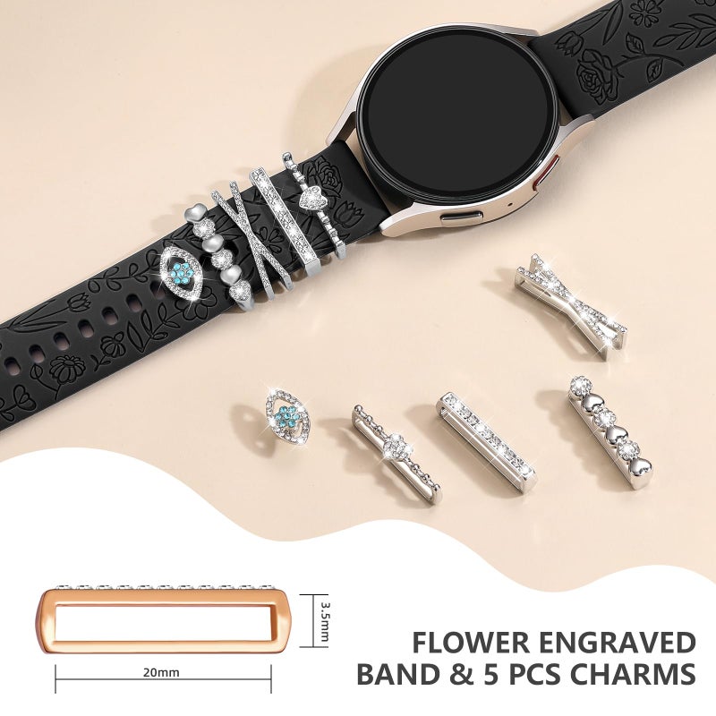 DaQin Flower Engraved Band Compatible with Samsung Galaxy Watch 7 Band/FE 6 5 4 40mm 44mm,Galaxy Active 2, 20mm Watch Band Soft Silicone Replacement Strap with Decorative Charms Accessories Women - Image 5