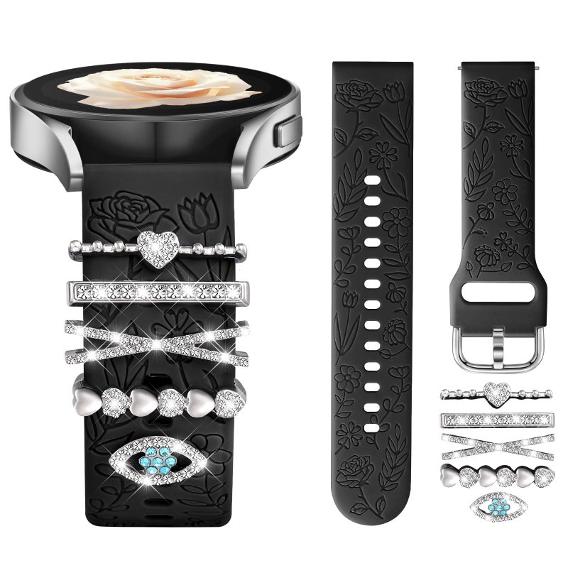 DaQin Flower Engraved Band Compatible with Samsung Galaxy Watch 7 Band/FE 6 5 4 40mm 44mm,Galaxy Active 2, 20mm Watch Band Soft Silicone Replacement Strap with Decorative Charms Accessories Women - Image 1