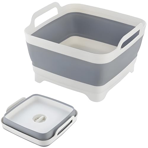 Collapsible Dish Basin with Drain Plug 9L 24 Gallon Portable Wash Basin Dishpan Space Saving Dish Washing Tub Foldable Sink Tub Kitchen Storage Tray Grey