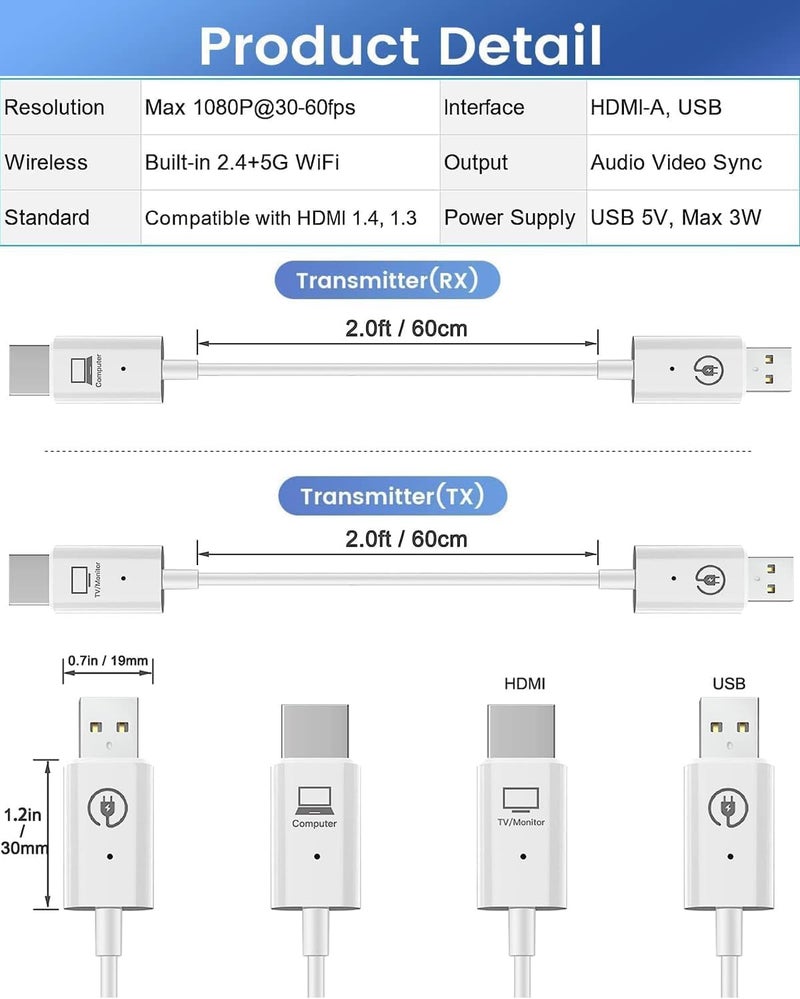 MICROWARE Wireless HDMI Transmitter and Receiver, 1080P@60Hz Wireless HDMI Extender 50M Range, Plug&Play, Mirror/Extend, Video Audio Projection for Desktop, PC, TV Box, PS4/5 to TV/Projector/Monitor - Image 3