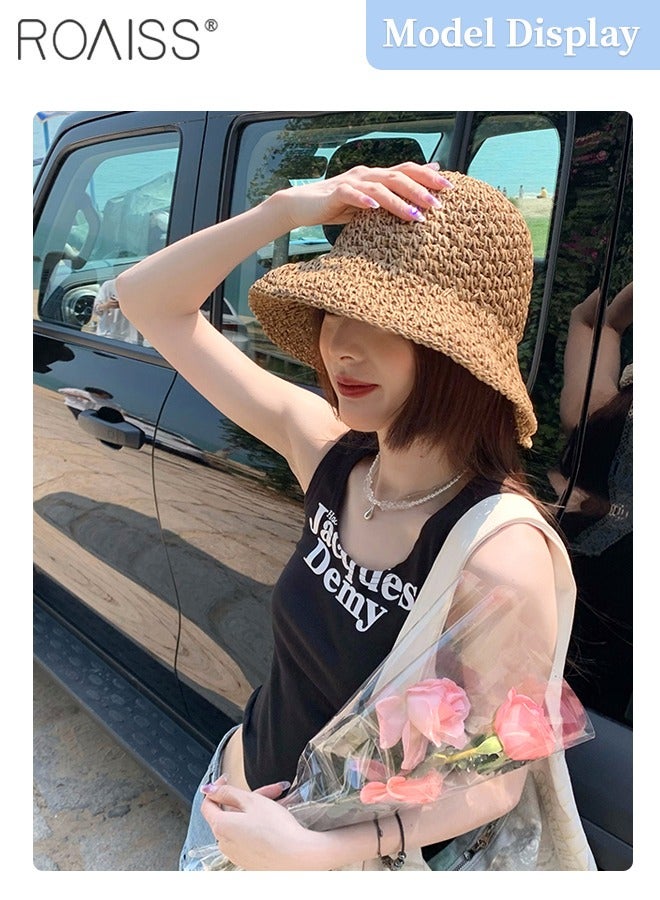 رويس قبعة شمس من القش الدانتيل للنساء، قبعة صيفية قابلة للطي ذات حافة واسعة مع فيونكة، قبعة مرنة للحماية من الشمس على الشاطئ في الهواء الطلق لقضاء العطلات الصيفية على شاطئ البحر وإكسسوارات الموضة - Image 2
