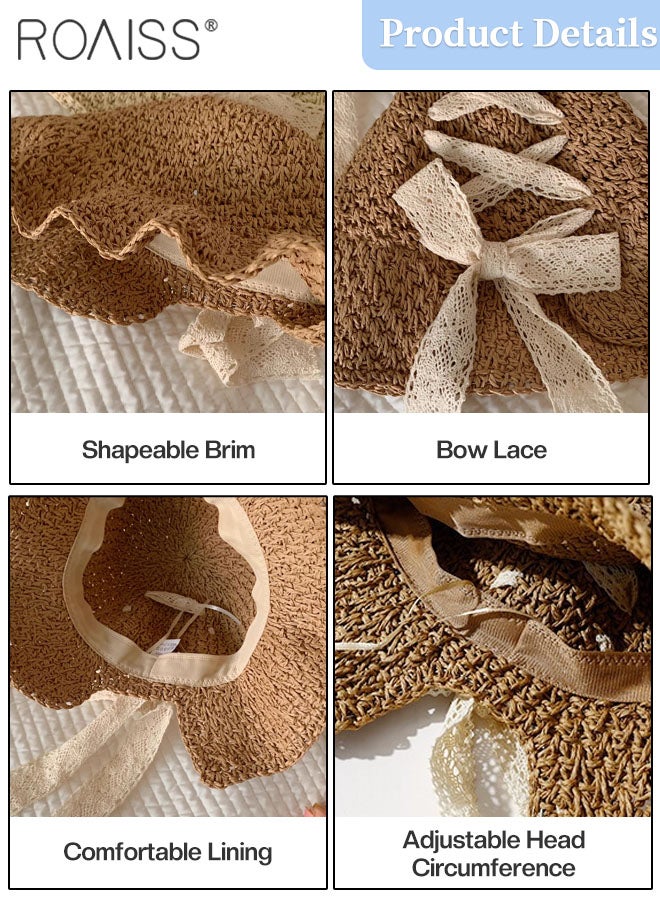 رويس قبعة شمس من القش الدانتيل للنساء، قبعة صيفية قابلة للطي ذات حافة واسعة مع فيونكة، قبعة مرنة للحماية من الشمس على الشاطئ في الهواء الطلق لقضاء العطلات الصيفية على شاطئ البحر وإكسسوارات الموضة - Image 4