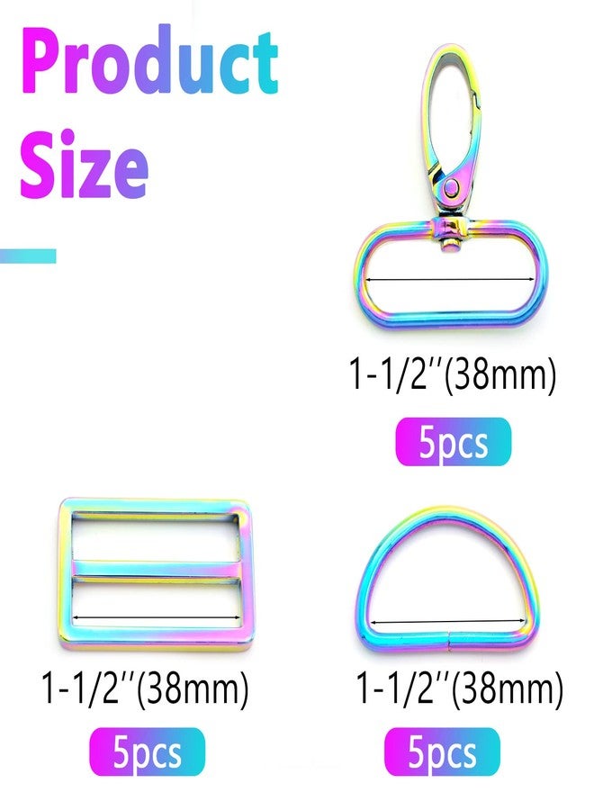MELORDY 15Pcs Metal Swivel Snaps Hooks with D Rings & Tri-Glide Slide Buckles for Purse Bag Straps DIY Sewing Hardware Kit (1-1/2 inch, Rainbow) - Image 2