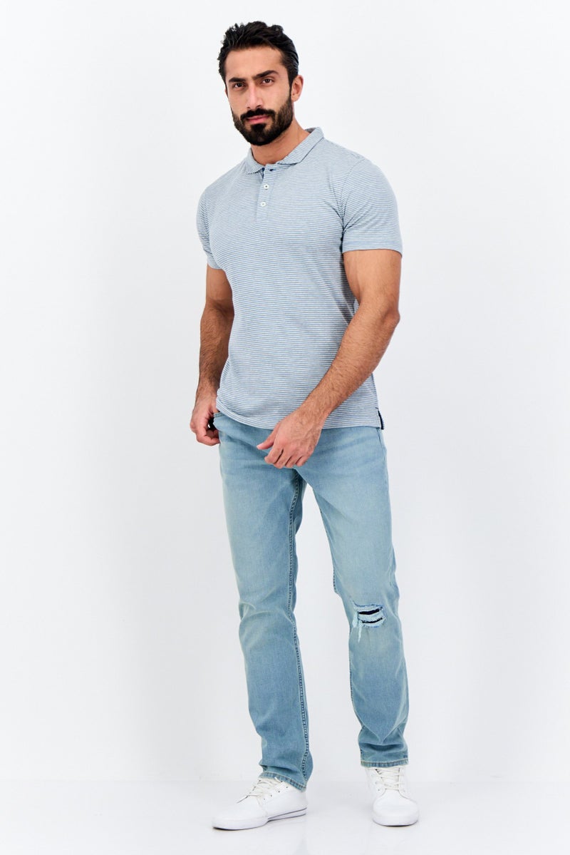 Project Essentials قميص بولو قصير الأكمام للرجال بتصميم عادي مع خطوط، رمادي - Image 4