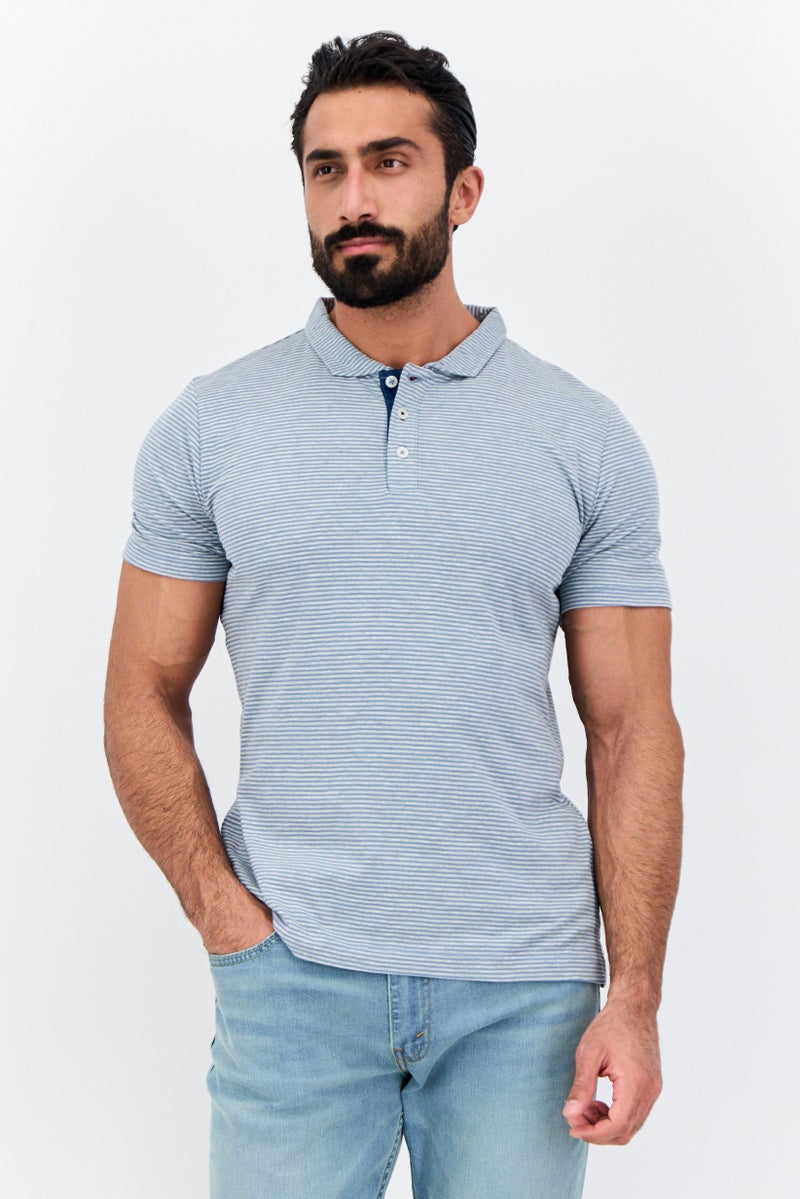 Project Essentials قميص بولو قصير الأكمام للرجال بتصميم عادي مع خطوط، رمادي - Image 1