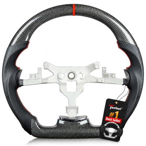 TESFEEL Steering Wheel for Chevy Corvette C6 2006-2011, Real 3K Carbon Fiber, D-shaped Flat-bottom, Red Stripe & Stitching Nappa Perforated Leather, Fits for Corvette C6 Base/Z06/ZR1/Grand Sport - Image 1