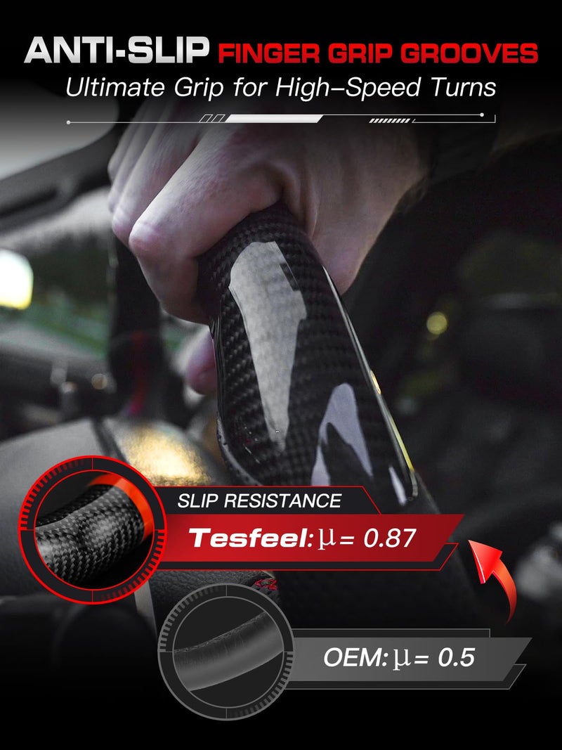 TESFEEL Steering Wheel for Chevy Corvette C6 2006-2011, Real 3K Carbon Fiber, D-shaped Flat-bottom, Red Stripe & Stitching Nappa Perforated Leather, Fits for Corvette C6 Base/Z06/ZR1/Grand Sport - Image 4