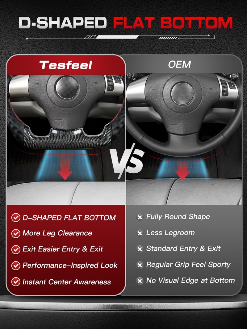 TESFEEL Steering Wheel for Chevy Corvette C6 2006-2011, Real 3K Carbon Fiber, D-shaped Flat-bottom, Red Stripe & Stitching Nappa Perforated Leather, Fits for Corvette C6 Base/Z06/ZR1/Grand Sport - Image 5