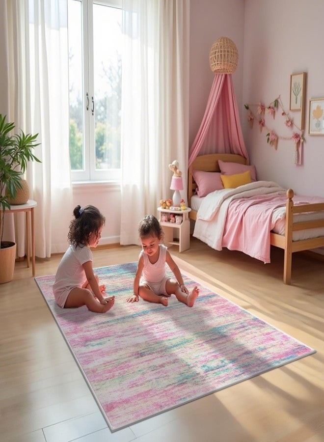 KOZYFLY Modern Abstract Pink 3x5 Area Rug Washable Girls Kids Bedroom Rug Throw Entry Mat Non-Slip Carpet Dining Room Rug with Soft Low Pile for Living Room Kitchen Bath Office - Image 2