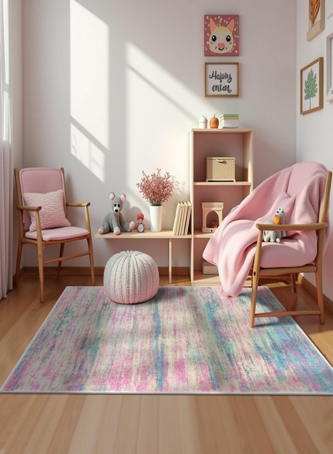 KOZYFLY Modern Abstract Pink 3x5 Area Rug Washable Girls Kids Bedroom Rug Throw Entry Mat Non-Slip Carpet Dining Room Rug with Soft Low Pile for Living Room Kitchen Bath Office - Image 1