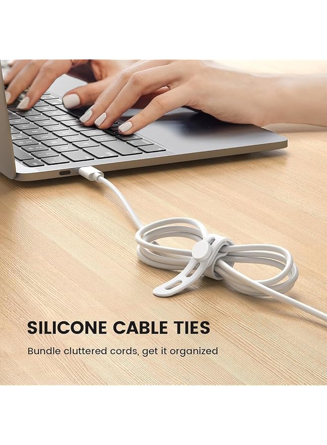 erorex 10Pack Silicone Cable Ties Cord Organizer Wrap Reusable Washable Wire Ties Management With Lock Buckle Elastic Adjustable Charger Cable Strap Tie White - Image 2