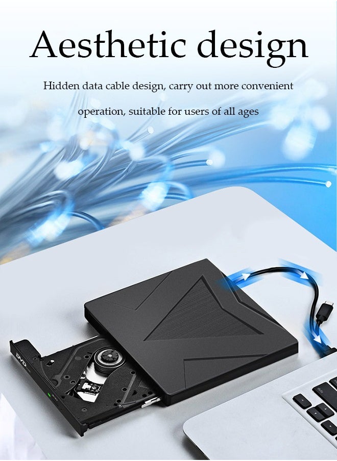 DUNISO - External DVD drive, USB 3.0 computer drive, Type C CD burner, dual ports, no need to drive, silent, with anti slip pad,compatible with Mac, Windows XP/10/8/7, 15*15*1.6cm, black - Image 1