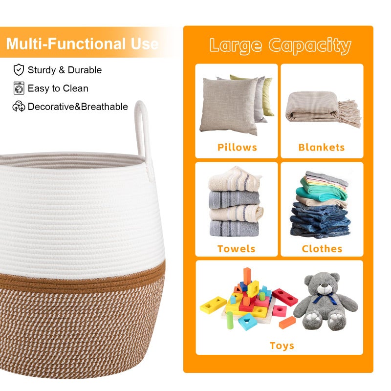 OIAHOMY 60L Blanket Basket with Handle, Storage Basket for Living Room, Laundry Hamper for Clothes, Towels, Pillows, Toy Storage for Kids and Dogs, Baby Hamper for Nursery - Brown & White - Image 5