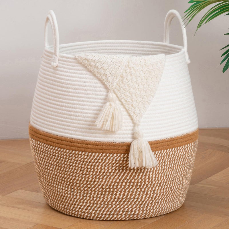 OIAHOMY 60L Blanket Basket with Handle, Storage Basket for Living Room, Laundry Hamper for Clothes, Towels, Pillows, Toy Storage for Kids and Dogs, Baby Hamper for Nursery - Brown & White - Image 1