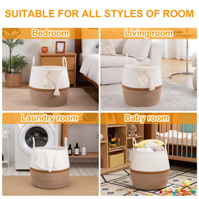 OIAHOMY 60L Blanket Basket with Handle, Storage Basket for Living Room, Laundry Hamper for Clothes, Towels, Pillows, Toy Storage for Kids and Dogs, Baby Hamper for Nursery - Brown & White - Image 4