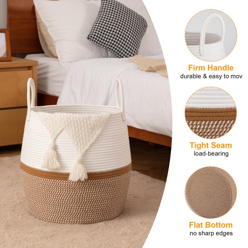 OIAHOMY 60L Blanket Basket with Handle, Storage Basket for Living Room, Laundry Hamper for Clothes, Towels, Pillows, Toy Storage for Kids and Dogs, Baby Hamper for Nursery - Brown & White - Image 3
