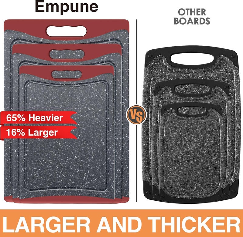 Empune Extra Large Cutting Boards, Plastic Cutting Boards for Kitchen (Set of 3) Cutting Board Set Dishwasher Chopping Board with Juice Grooves Easy-Grip Handles, Red, - Image 2