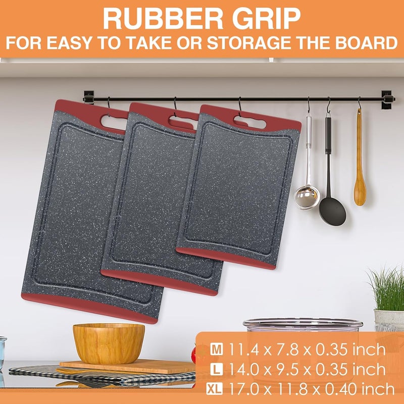 Empune Extra Large Cutting Boards, Plastic Cutting Boards for Kitchen (Set of 3) Cutting Board Set Dishwasher Chopping Board with Juice Grooves Easy-Grip Handles, Red, - Image 4
