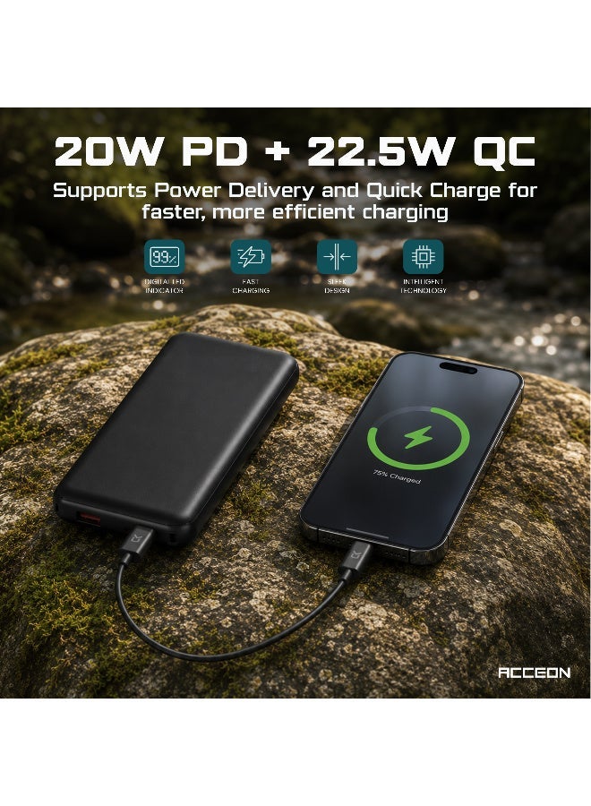 AcceOn 10000mAh Ultra-slim power bank - 22.5W Super Fast Charging & 20W PD Charging, LED digital display, pocket-sized portable charger for iPhones and Android devices- Black - Image 3