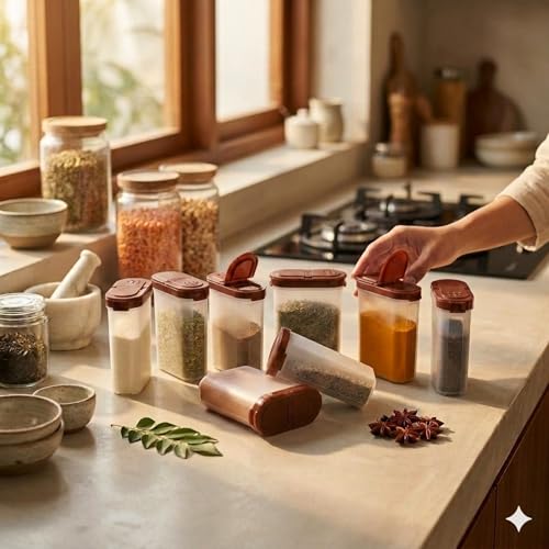 Mahaware Modular Spice Containers for Kitchen Storage Set of 8 (275ml Each) – Plastic Spices Container for Kitchen with Sprinkler Lids, Airtight Masala Box Set, Brown - Image 1