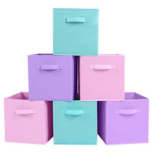 PowerKing Collapsible Storage Cubes with Handles, Fabric Foldable Bins for Closet Shelves, Durable Organization Storage Bins, 10.5'' x 11'' x 10.5'' (Lavender+Light Blue+Pink, 6Pack) - Image 1