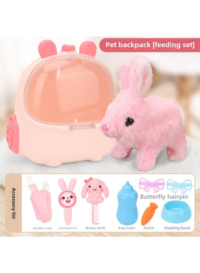 Children's Electric Simulation Small White Rabbit Will Call Girls Pet Doll Backpack Dog Gift Puzzle Plush Toy-Colors:Short Ear Backpack Pink Electric Rabbit Feeding Package-Specifications:Battery Version - Image 1