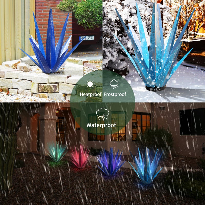 KODIBO Large Tequila Rustic Sculpture, Rustic Metal Agave Plants for Outdoor Patio Yard, Home Decor Hand Painted Metal Agave Garden Yard Statue, Outdoor Lawn Ornaments (Dark Blue - L (W/Solar Light)) - Image 4